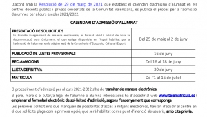 Calendari d&#039;admissió d&#039;alumnat d&#039;Educació Infantil i d&#039;Educació Primària.